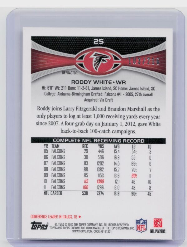 2012 Topps Chrome Roddy White Prism Refractors /216 #25 Falcons - Image 3