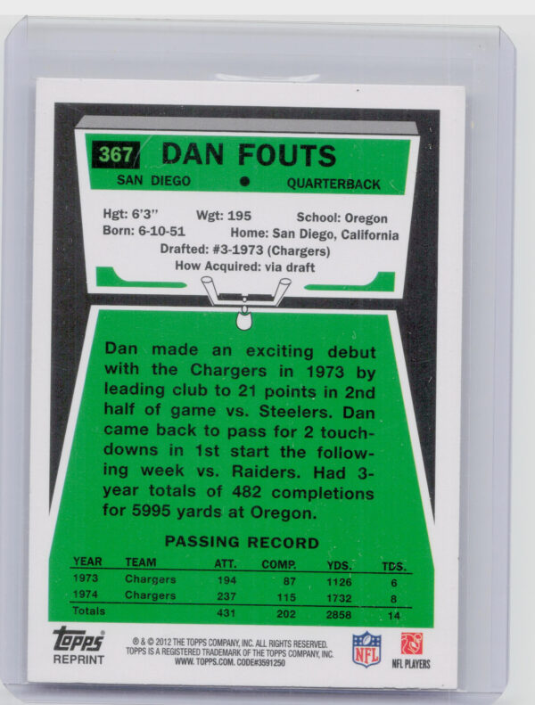 2012 Topps Dan Fouts #367 Chargers Rookie Reprint - Image 3