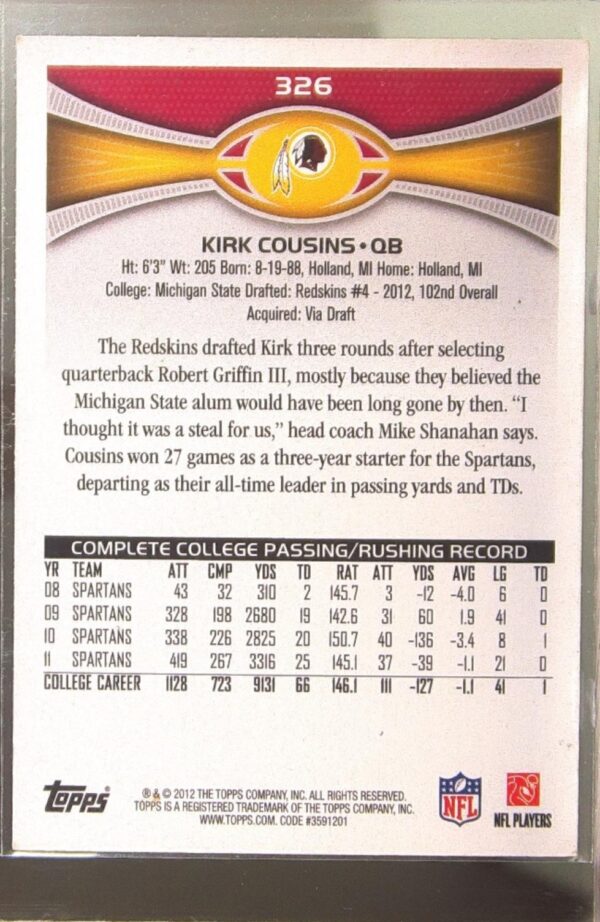 2012 Topps Kirk Cousins RC #326 Redskins - Image 3