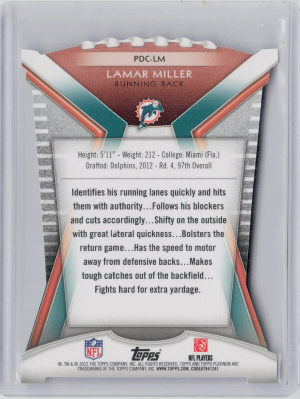 2012 Topps Platinum Lamar Miller #PDC-LM Dolphins Rookie Die Cut - Image 3