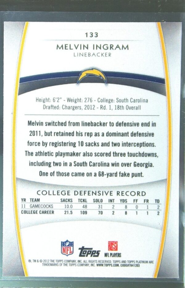 2012 Topps Platinum Melvin Ingram Xfractors RC #133 Chargers - Image 3