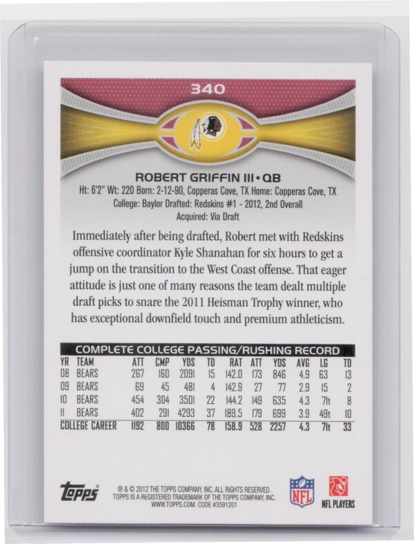 2012 Topps Robert Griffin III Rookie #200 Redskins - Image 3