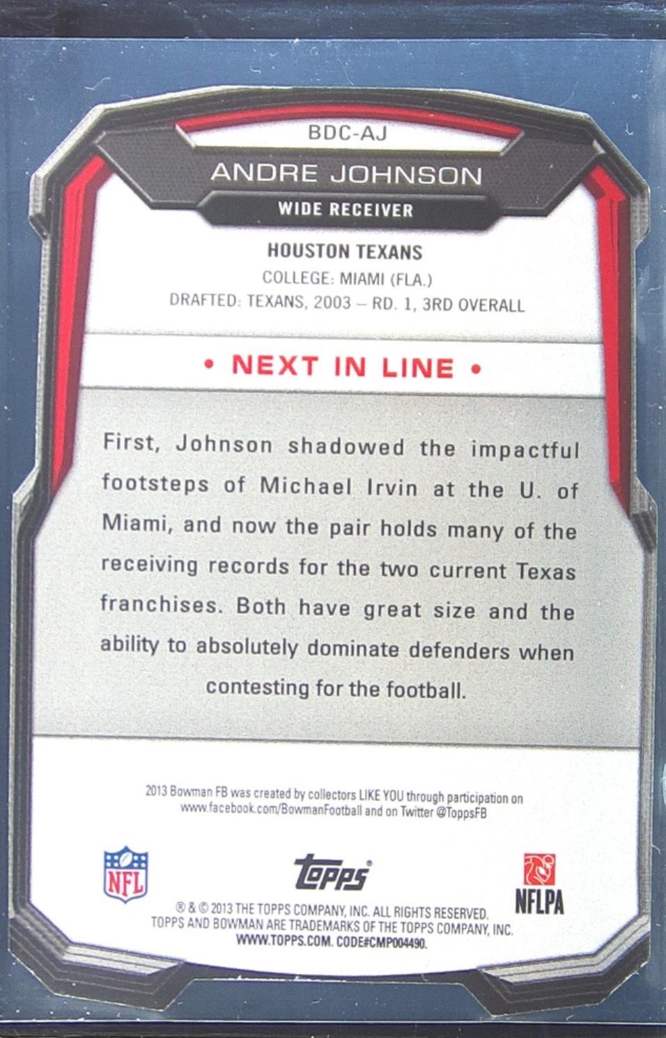 2013 Bowman Andre Johnson #BDC-AJ Texans Die Cut - Image 3