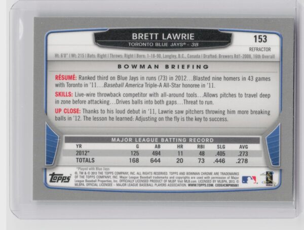 2013 Bowman Chrome Brett Lawrie Green Refractors #153 Jays - Image 3
