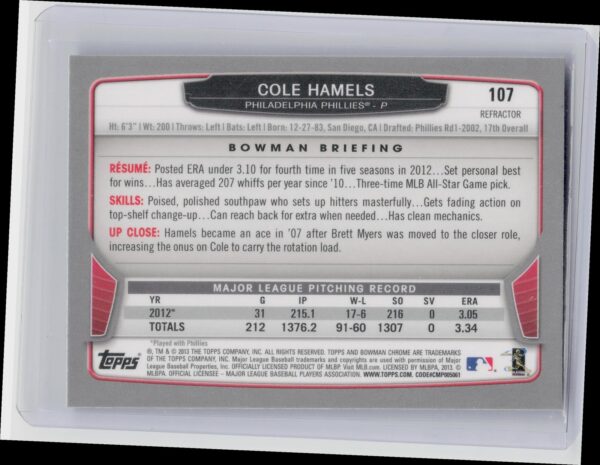2013 Bowman Chrome Cole Hamels Green Refractors #107 Phillies - Image 3