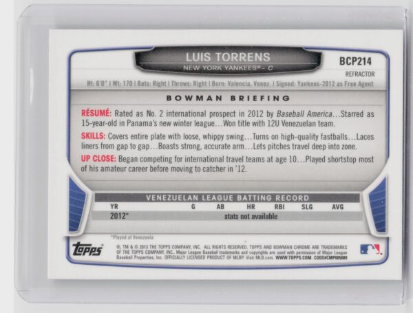 2013 Bowman Chrome Luis Torrens #BCP214 Yankees Prospects Refractors - Image 3