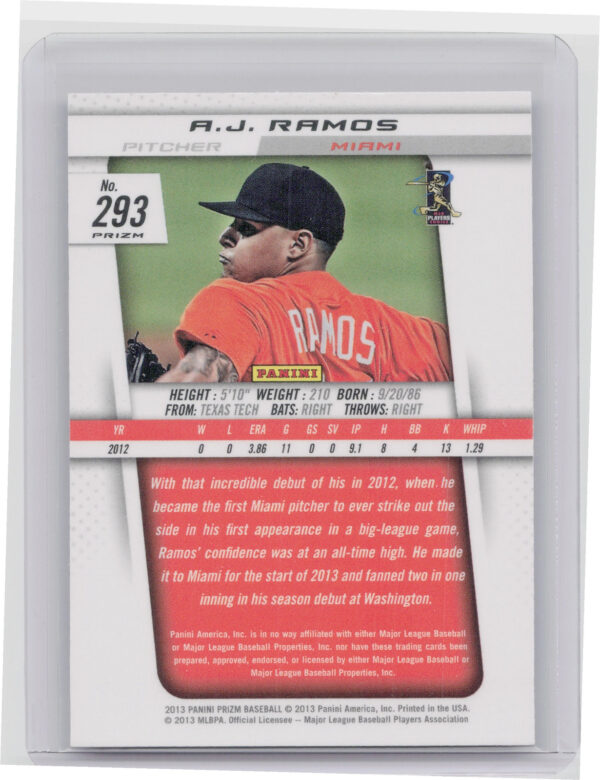 2013 Panini Prizm A.J. Ramos Prizms Blue Pulsar #293 Marlins - Image 3