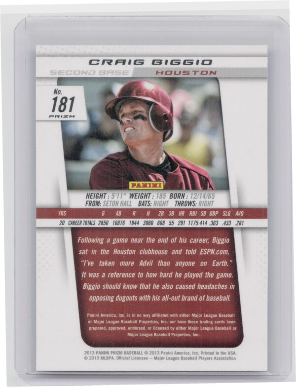 2013 Panini Prizm Craig Biggio Prizms Blue #181 Astros - Image 3