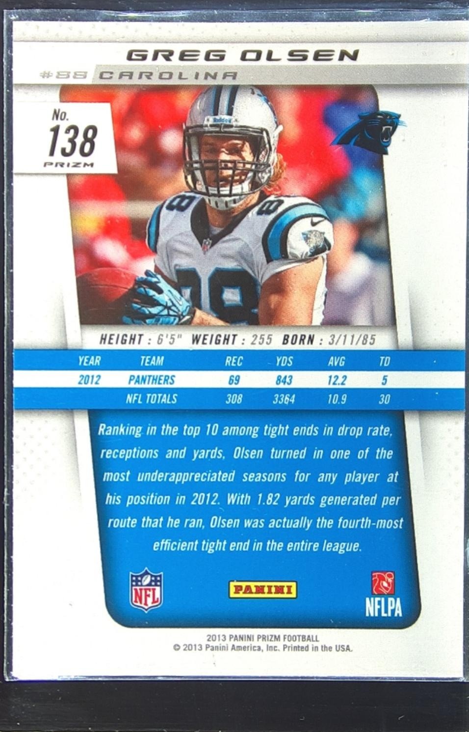 2013 Prizm Greg Olsen Prizms Blue Pulsar #138 Panthers - Image 3