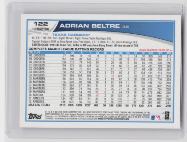 2013 Topps Chrome Adrian Beltre Orange Refractors #122 Rangers - Image 3