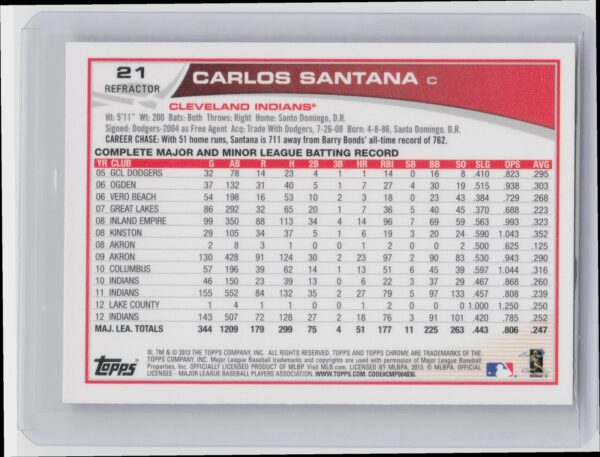 2013 Topps Chrome Carlos Santana Orange Refractors #21 Indians - Image 3