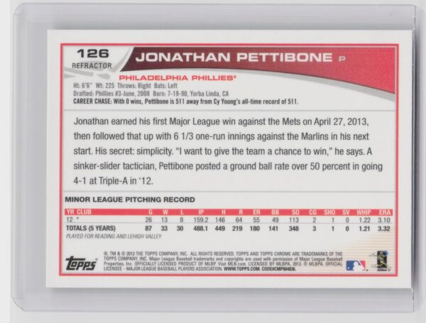 2013 Topps Chrome Jonathan Pettibone X Fractors #126 Phillies - Image 3