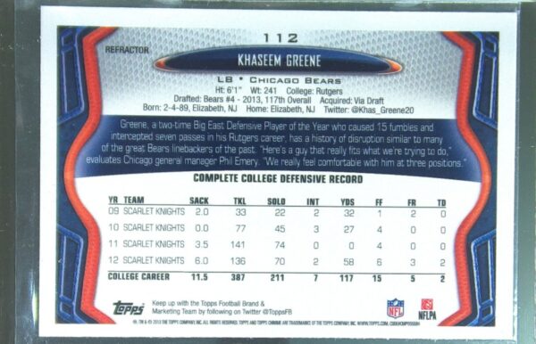 2013 Topps Chrome Khaseem Greene Xfractors RC #112 Bears - Image 3