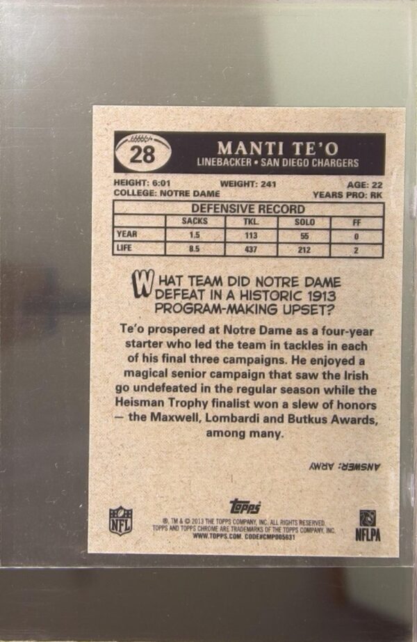 2013 Topps Chrome Manti Te'o RC #28 Chargers 1959 Minis - Image 3