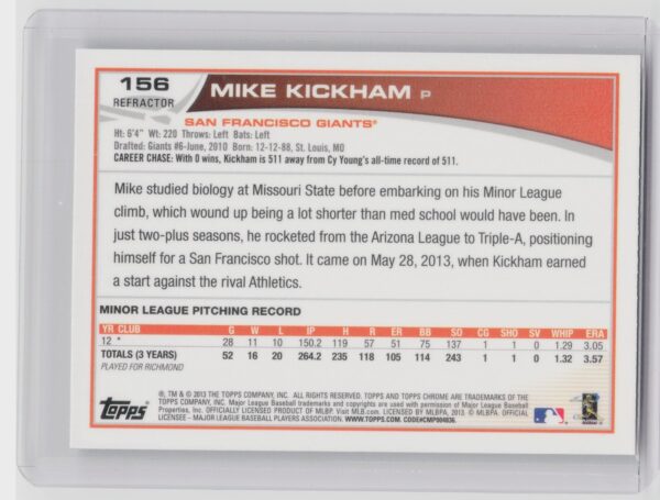 2013 Topps Chrome Mike Kickham Refractors #156 Giants - Image 3