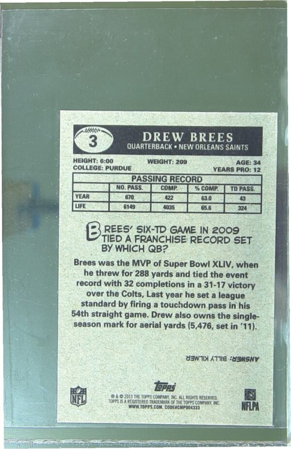 2013 Topps Drew Brees #3 Saints 1959 Minis - Image 3