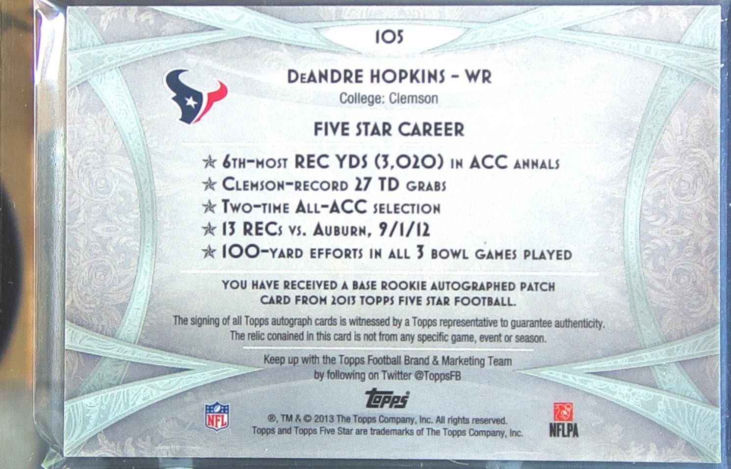 2013 Topps Five Star DeAndre Hopkins Auto /25 JSY #105 Texans RPA Rainbow - Image 3