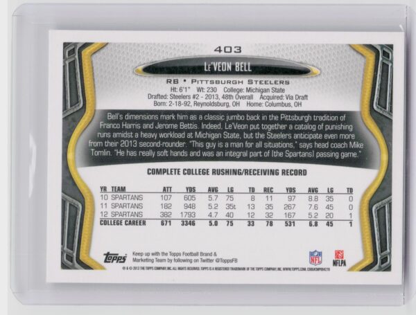 2013 Topps Le'Veon Bell Rookie RC #403 Steelers - Image 3