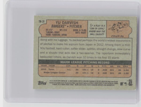 2013 Topps Yu Darvish #TM-39 Rangers 1972 Topps Minis - Image 3