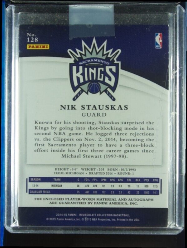 2014-15 Panini Immaculate Collection Nik Stauskas AU RC SN99 MEM #128 Kings - Image 3