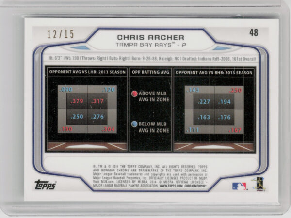 2014 Bowman Chrome Chris Archer Shimmer Refractors SN15 #48 Rays - Image 3