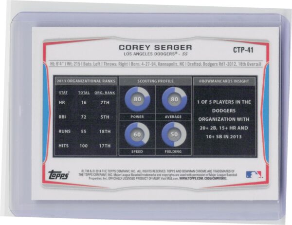 2014 Bowman Draft Corey Seager #CTP-41 Dodgers Chrome Top Prospects - Image 3