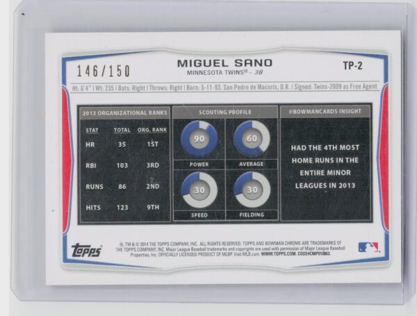 2014 Bowman Draft Miguel Sano SN150 #TP-2 Twins Top Prospects Red Ice - Image 3