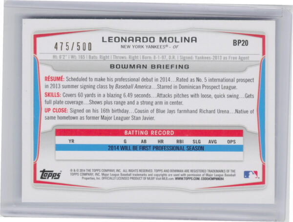 2014 Bowman Leonardo Molina SN500 #BP20 Yankees Prospects Blue - Image 3