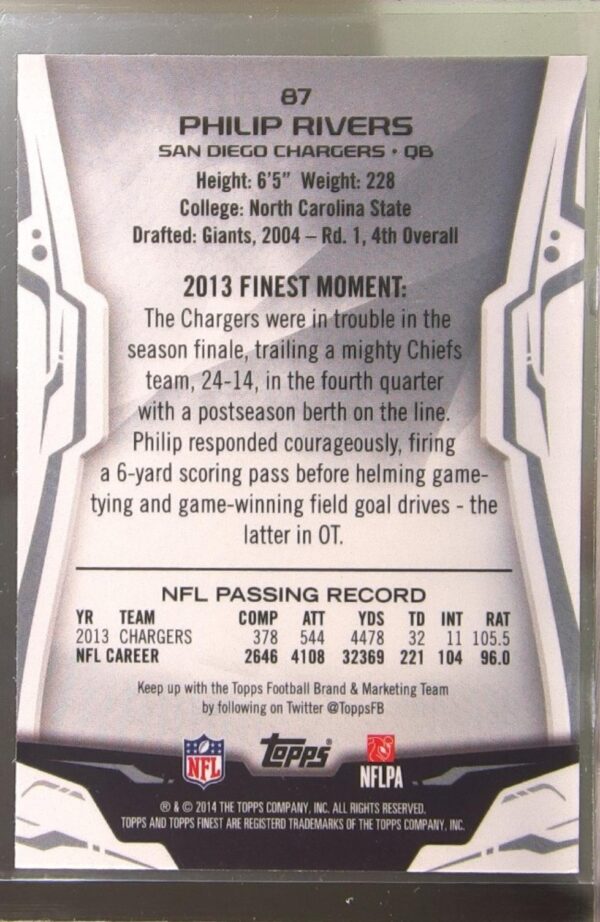 2014 Finest Philip Rivers Refractor #87 Chargers - Image 3