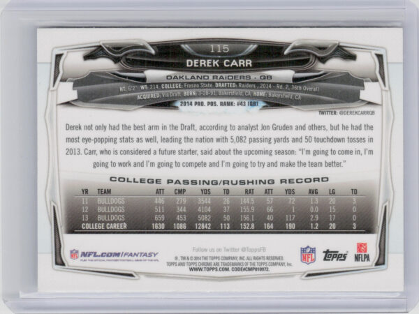 2014 Topps Chrome Derek Carr RC #115 Raiders - Image 3