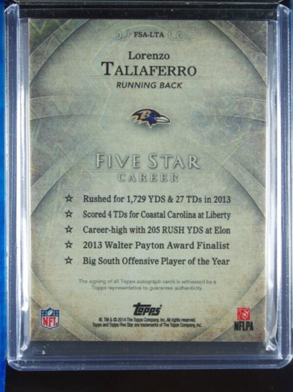 2014 Topps Five Star Lorenzo Taliaferro AU #FSA-LTA Ravens - Image 3