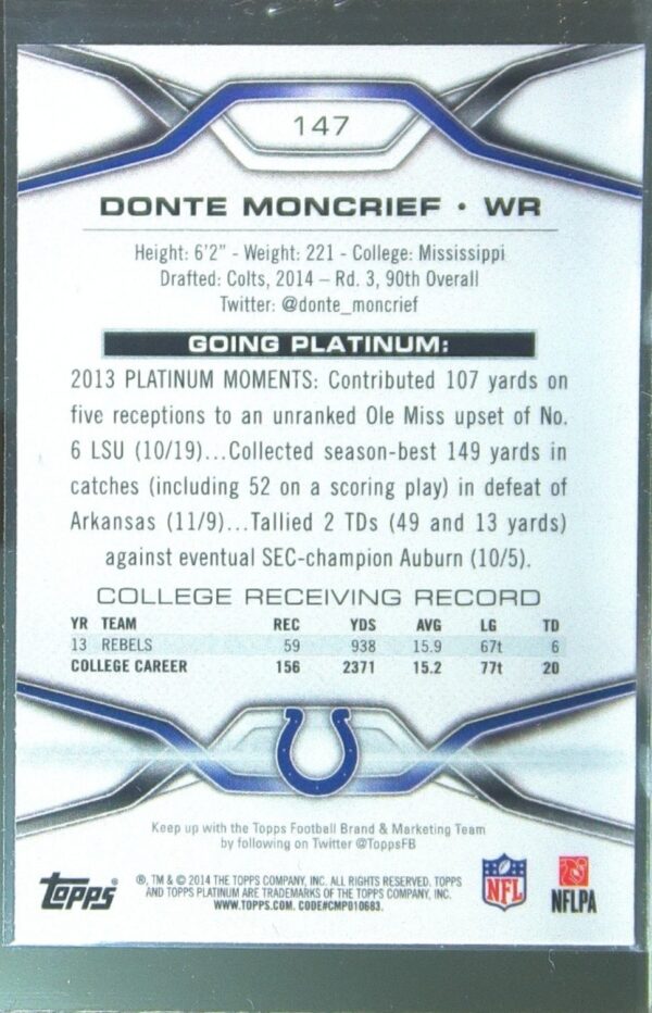 2014 Topps Platinum Donte Moncrief Black Refractors RC #147 Colts - Image 3