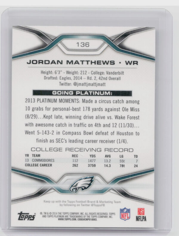 2014 Topps Platinum Jordan Matthews Xfractors #136 Eagles - Image 3