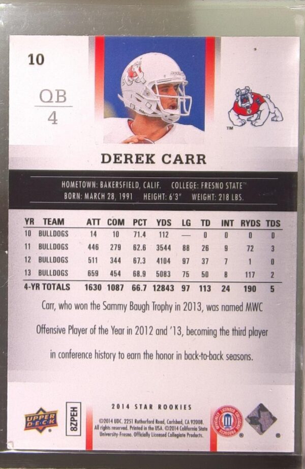 2014 Upper Deck Star Rookies Derek Carr RC #10 Bulldogs - Image 3