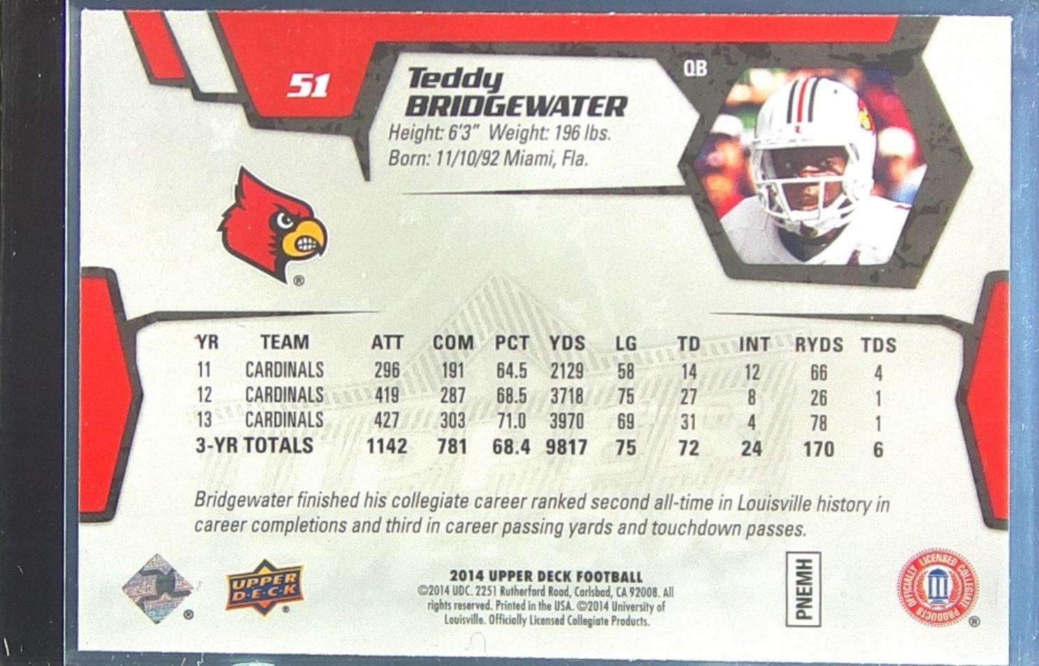 2014 Upper Deck Teddy Bridgewater RC #51 Cardinals - Image 3