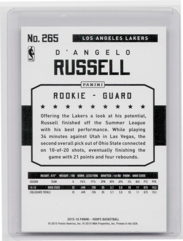 2015-16 Hoops D'Angelo Russell RC #265 Lakers - Image 3