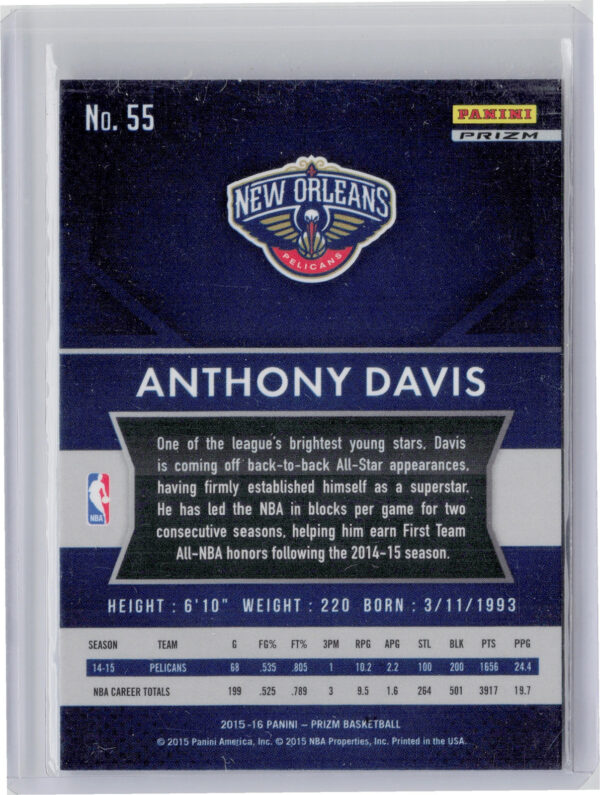 2015-16 Panini Prizm Anthony Davis Red, White & Blue Prizms #55 Pelicans - Image 3