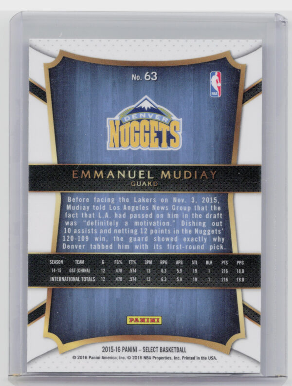 2015-16 Panini Select Emmanuel Mudiay #63 Nuggets - Image 3