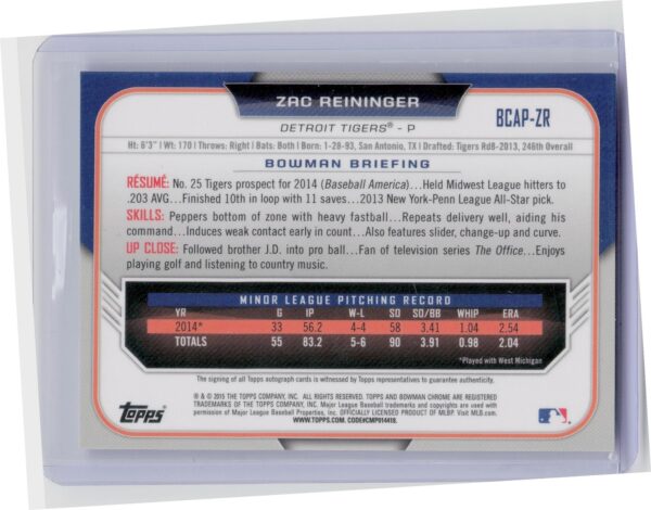 2015 Bowman Chrome Zac Reininger Auto #BCAP-ZR Tigers Prospect Autographs Wave - Image 3