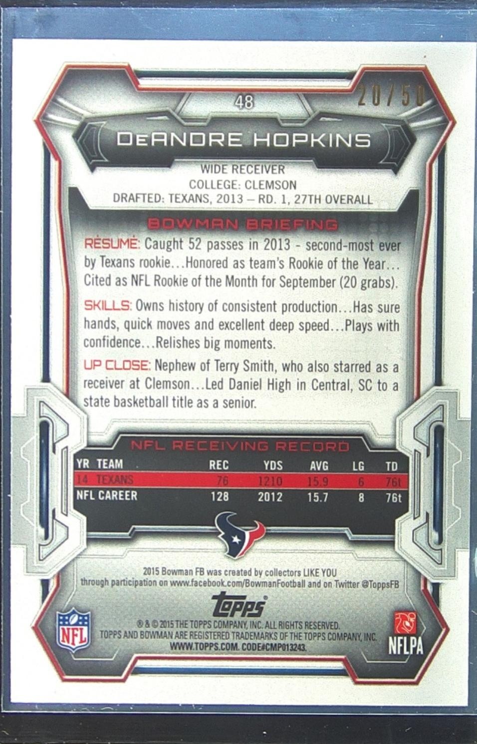 2015 Bowman DeAndre Hopkins Veterans Rainbow Orange Ice /50 #48 Texans - Image 3