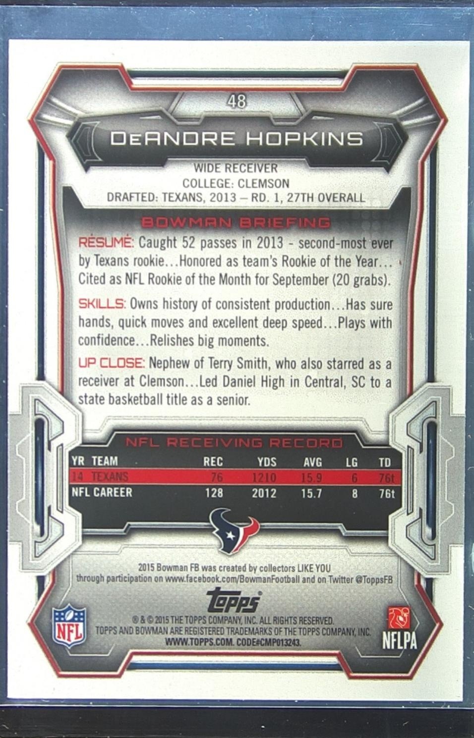2015 Bowman DeAndre Hopkins Veterans Rainbow Silver Ice #48 Texans - Image 3