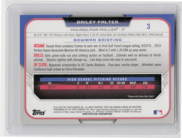 2015 Bowman Draft Bailey Falter Chrome Refractors #3 Phillies - Image 3