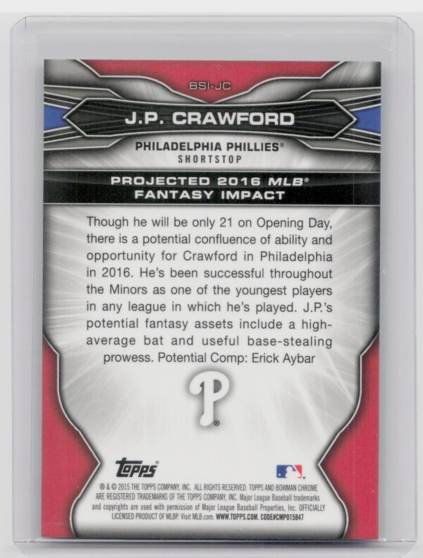 2015 Bowman Draft J.P. Crawford #BSI-JC Phillies Bowman Scouts' Fantasy Impacts - Image 3