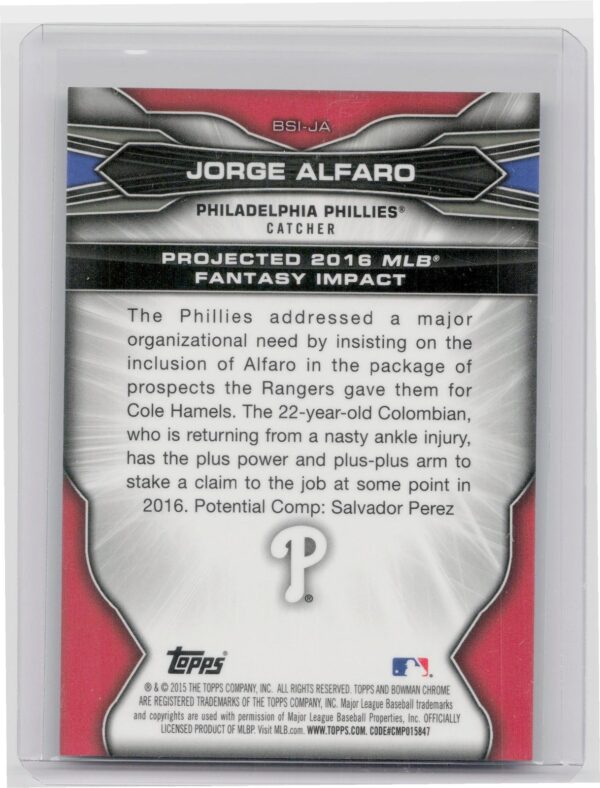 2015 Bowman Draft Jorge Alfaro #BSI-JA Phillies Bowman Scouts' Fantasy Impacts - Image 3