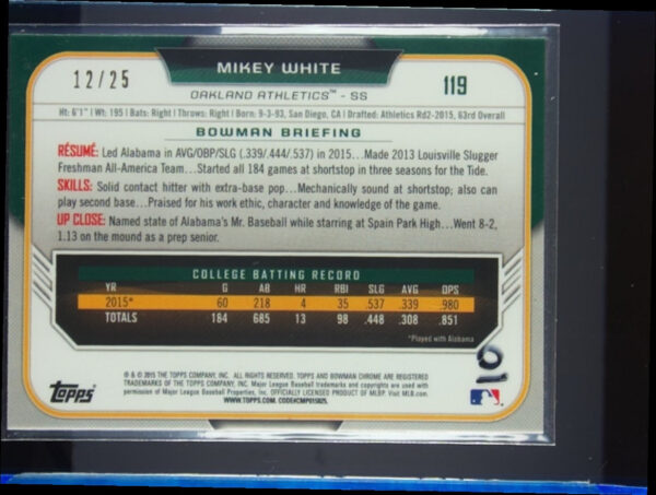 2015 Bowman Draft Mikey White Chrome Orange Refractors SN25 #119 Athletics - Image 3
