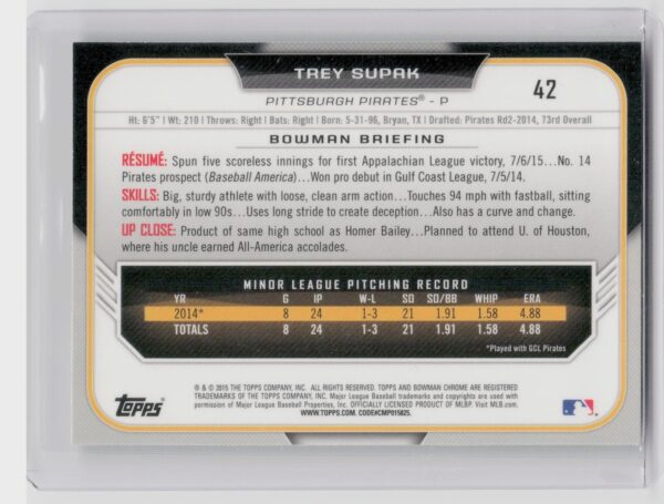 2015 Bowman Draft Trey Supak Chrome Refractors #42 Pirates - Image 3