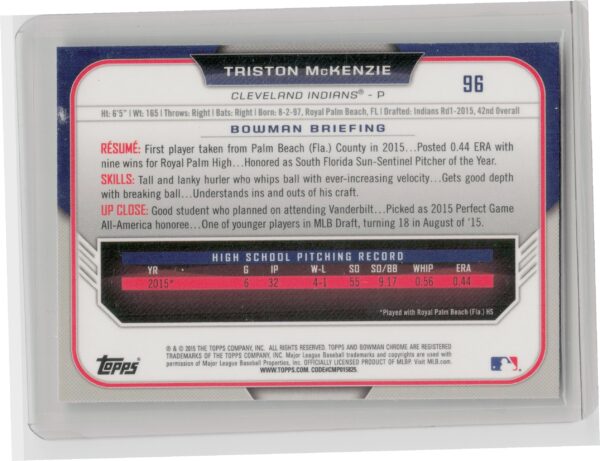 2015 Bowman Draft Triston McKenzie Chrome #96 Indians - Image 3