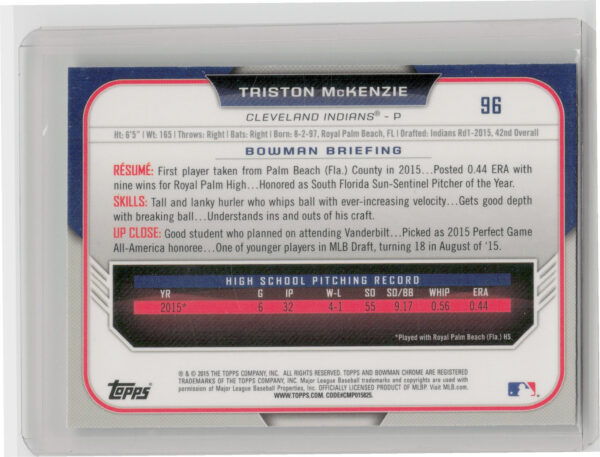 2015 Bowman Draft Triston McKenzie Chrome #96 Indians - Image 3