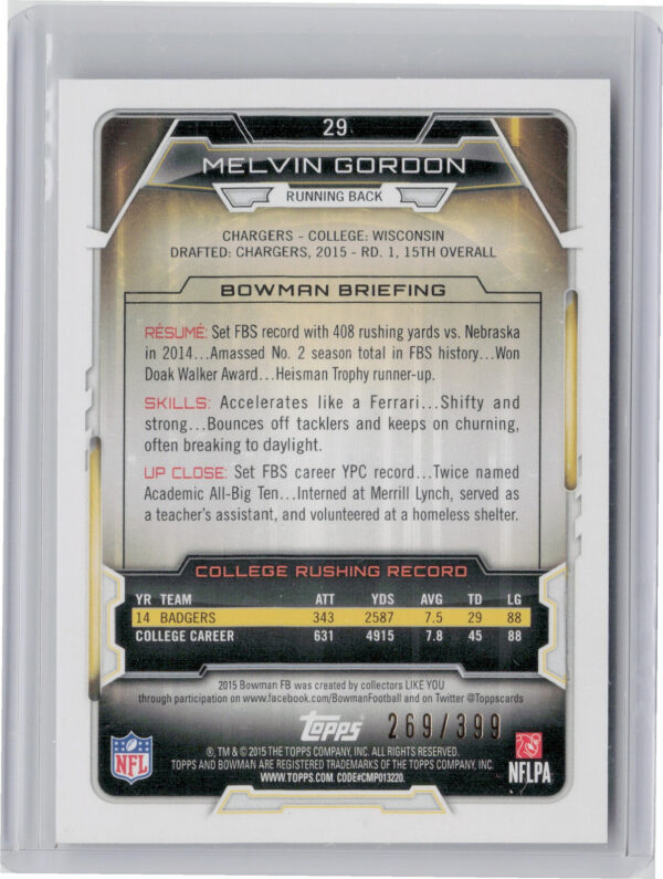 2015 Bowman Melvin Gordon Rookies Gold SN399 #29 Chargers - Image 3
