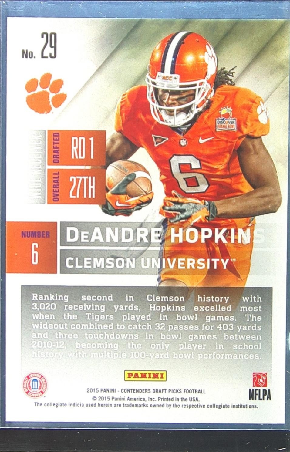 2015 Contenders Draft Picks DeAndre Hopkins Bowl Ticket /99 #29 Tigers - Image 3